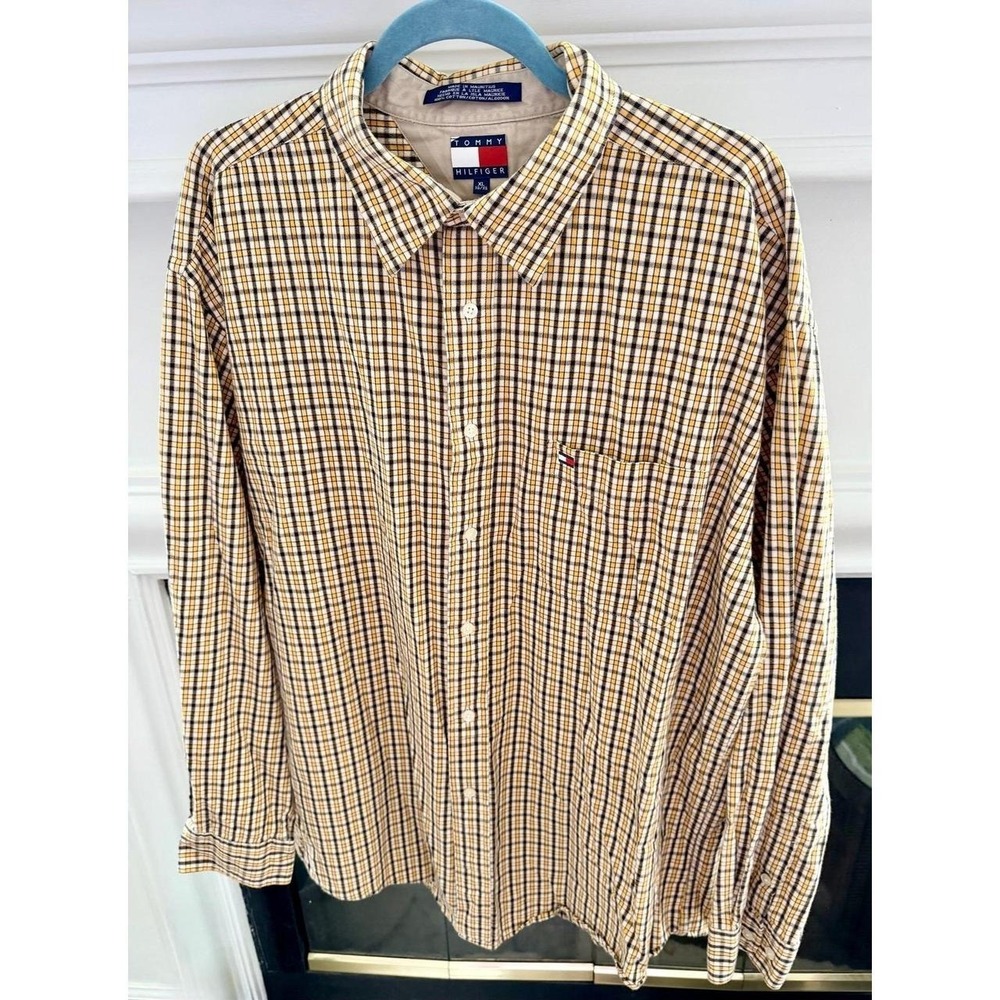 Tommy Hilfiger Size XL Button Down L/S Shirt Navy/Yellow/White Plaid Like New